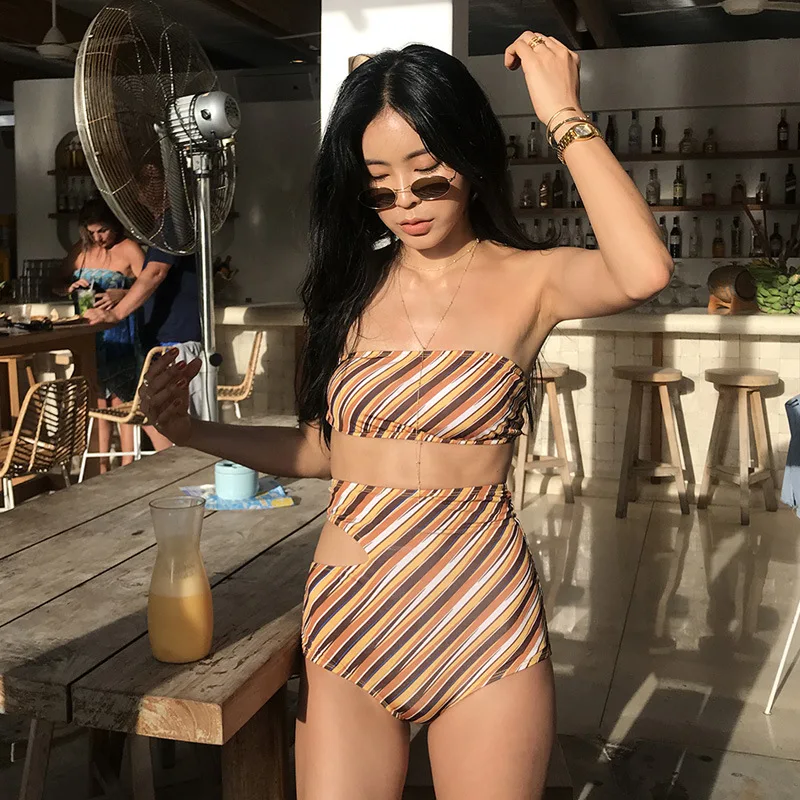 

Woman Swimming Wear Swimsuit New 2019 Swim Dress Women Surfing Surf Swimwear Korea High Waist Covering Hollow That Wipe Bosom