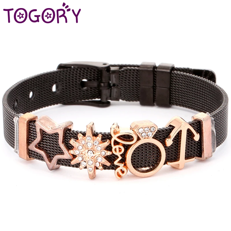 

TOGORY Jewelry Black Stainless Steel Mesh Bracelets Bangles With Slide Love Star Charms Fine Bracelets As Women Special Gift