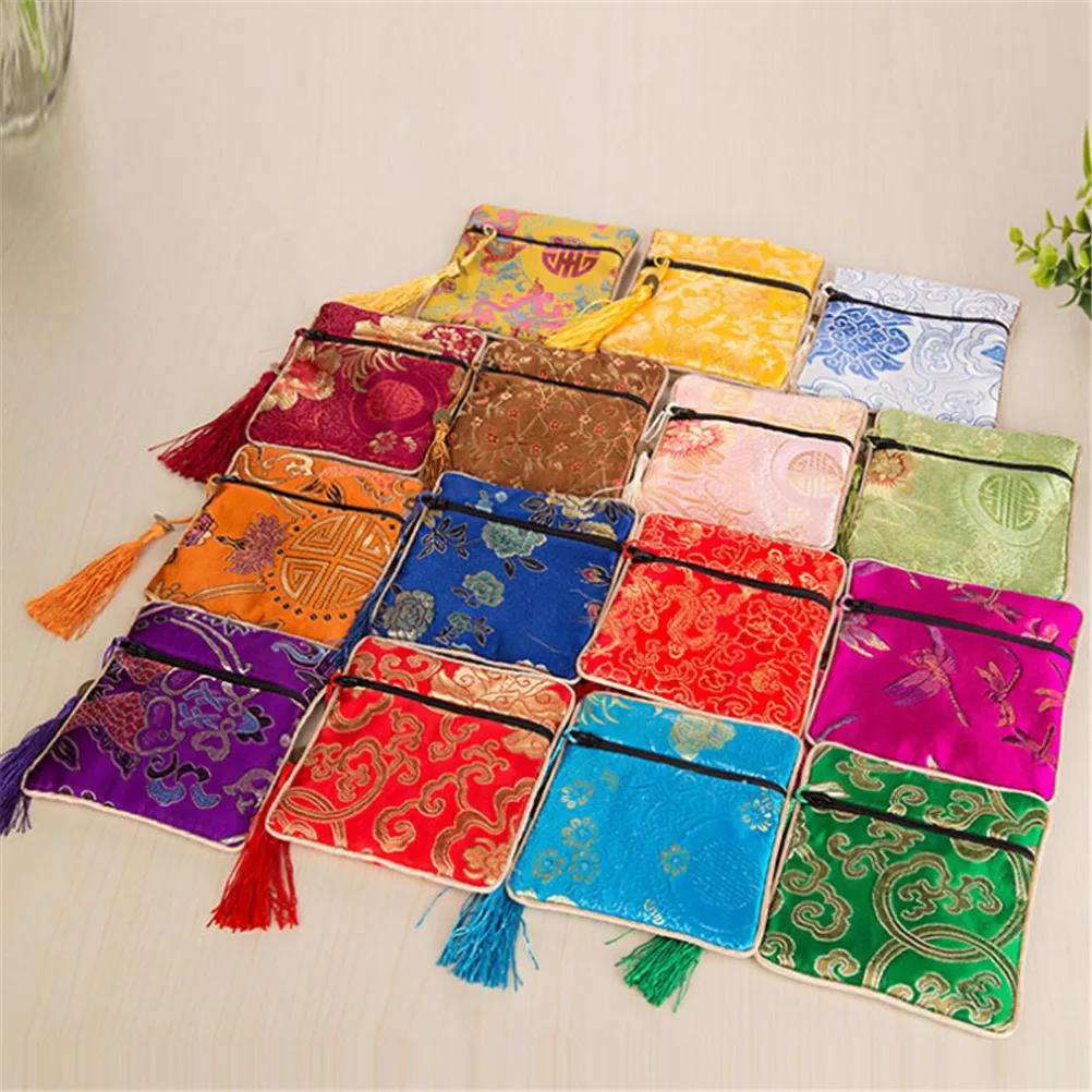 

1PC Chinese Style Tassel Rectangle Zipper Coin Purse Silk Napkin Pouch Pocket Jewelry Necklace Comb Cosmetic Storage Desk Set