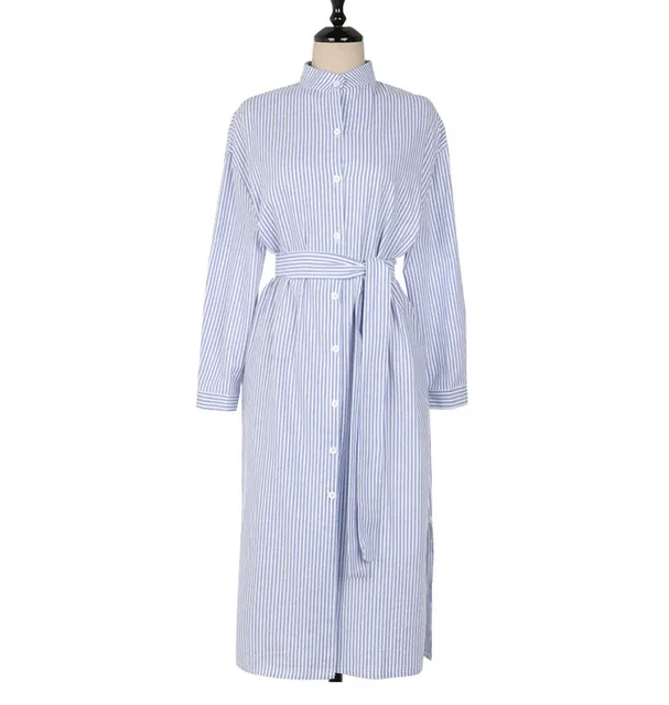 Colorfaith 2021 Women Dresses Spring Summer Elegant Casual Striped Shirt Dress Cotton and Linen Lace Up Single Breated DR1800 4
