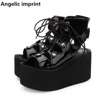 

Angelic imprint woman mori girl lolita cosplay punk shoes lady high heels pumps women princess summer dress sandals lace up 10cm