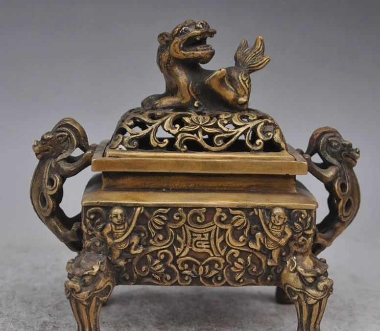 6 &quotотмечены старый китайский бронзовый лев Foo Dog Зверь Мальчик Статуя
