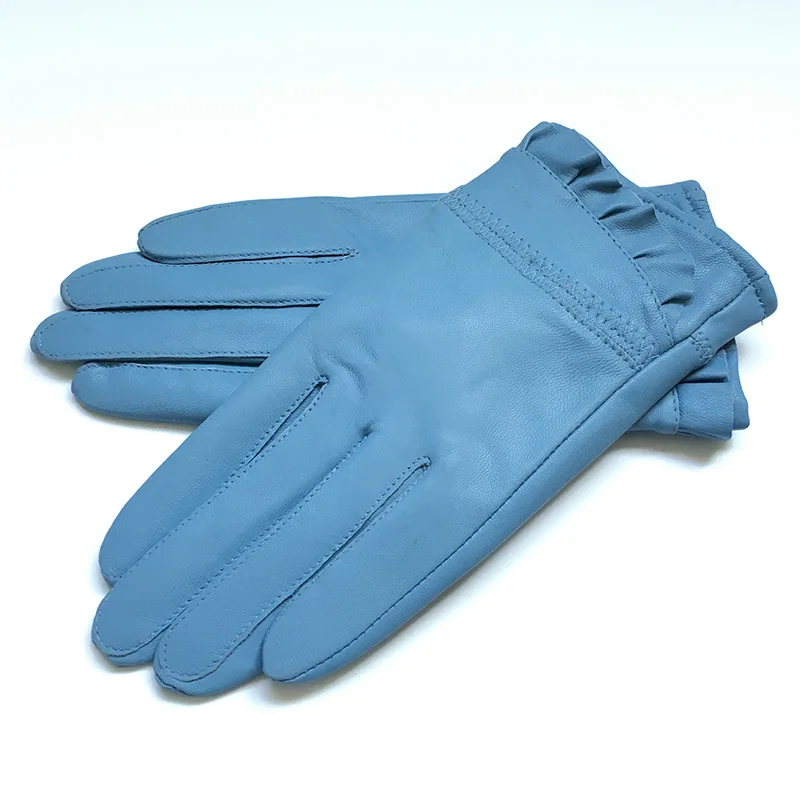 2017 New Fashion Genuine Leather Gloves Color Blue Female Laciness