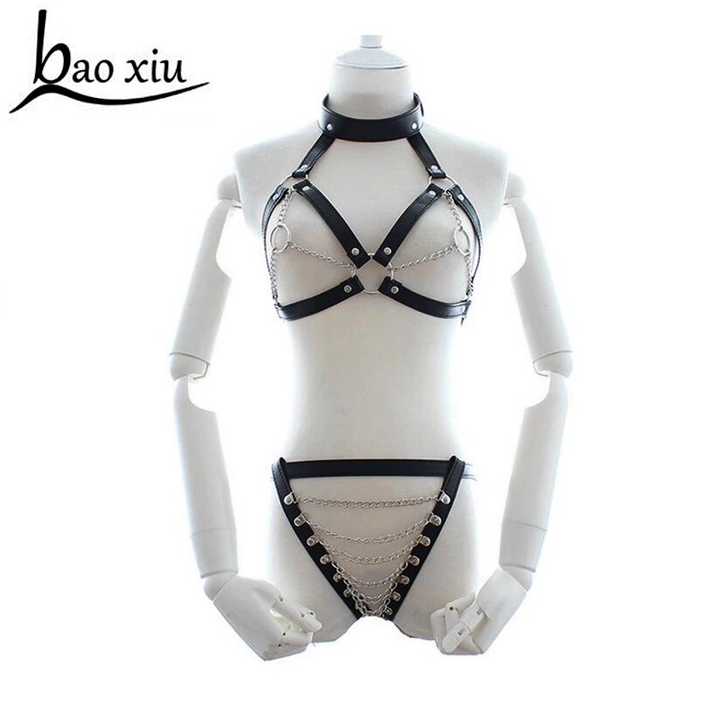 

2018 new charm leather harness binding metal chain leather belts collar goth choker shoulder punk cool belt accessories