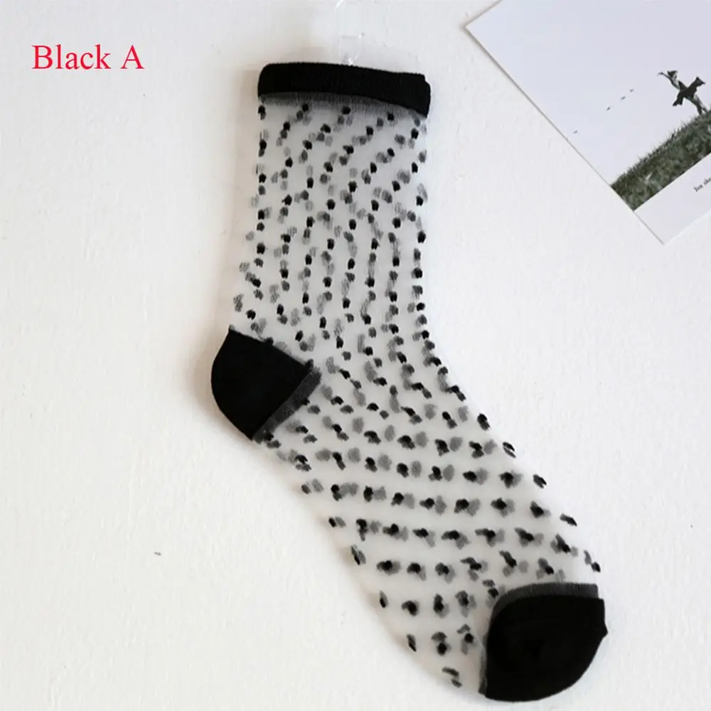 1 pair New Sheer Mesh Glass Silk Socks Ultrathin Transparent Stretch Elasticity Lace Net Yarn Thin Summer Socks For Women - Color: black A