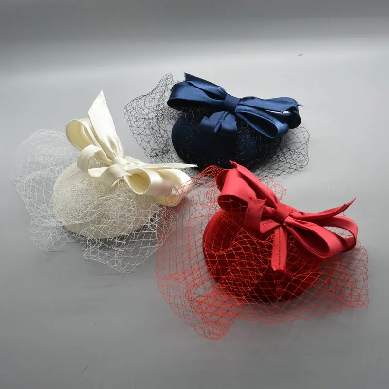 

2019 Brand Vintage Velvet Face-Veil Fascinator Wedding Hat For WOmen Fancy Show Party Red Black Big Bow Mesh Fascinator Headwear