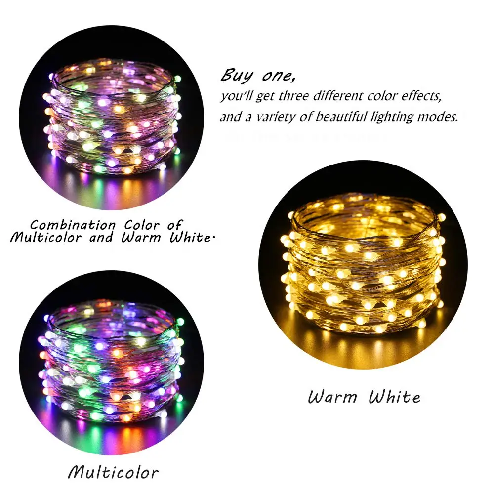 33 фута 100 LED Изменение цвета USB гирлянда 8 режимов Серебряный провод и медный