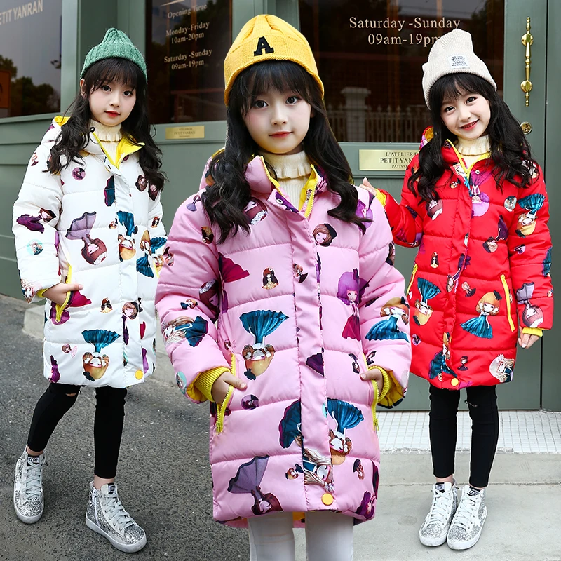 

kids winter coats girls long coat girl pink cartoon jacket hooded parka children outerwear red white blue parkas for girl