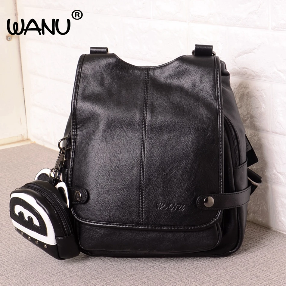 WANU Black Backpack Women Leather Backpacks School Bags Lady Fashion Travel Shoulder Bag backpacks for teenage girls