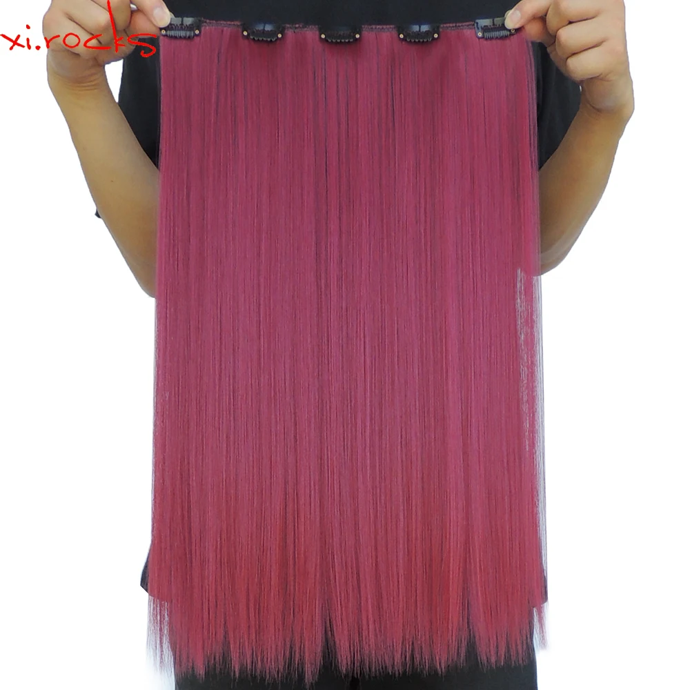 

2 Piece Xi.rocks 5 Clip in Hair Extension 50cm Synthetic Hair Clips Extensions 50g Straight Hairpin Hairpiece Dark Red Color118C