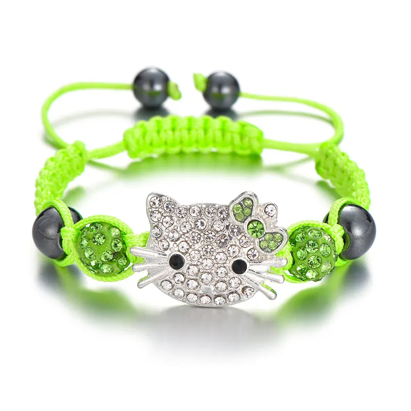 Neovivi прекрасный детский браслет с кошкой, очаровательные стразы, круглые хрустальные бусины, многоцветные плетеные браслеты, детские украшения своими руками - Окраска металла: Green-Silver
