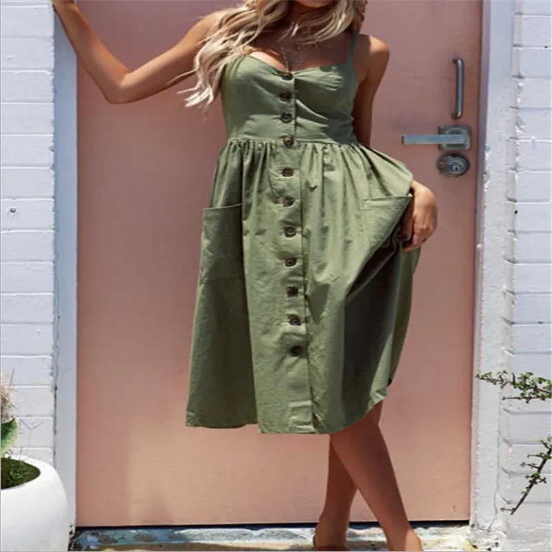 

Women's Sexy Summer Dresses 2019 Boho Plus XXXL Backless Sleeveless Button Striped Solid Midi Dress Slip Sundress With Pockets
