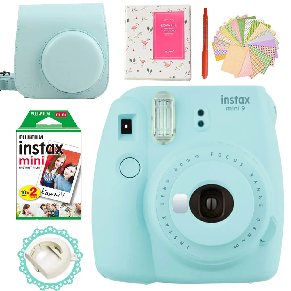 Фотокамера моментальной печати Fujifilm Instax Mini 9+ 20 снимков Instax Mini 8 белых пленок фото+ чехол для переноски/альбом/ручка/наклейки - Цвет: Ice Blue