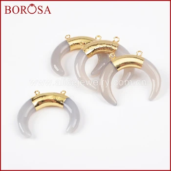 

BOROSA High Quality Tribal OX Horn Shape Gold Color Grey Crystal Connector Double Bails Drusy Pendant for Women Necklace G1101