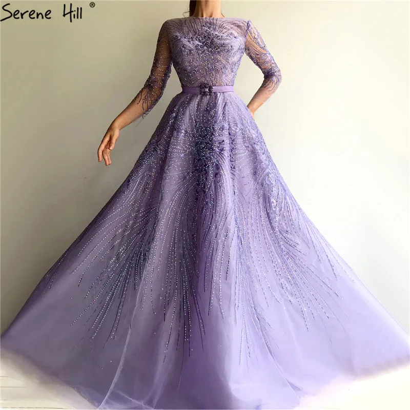 Фиолетовые Вечерние платья трапециевидной формы с круглым вырезом и поясом из кристаллов, Сексуальные вечерние платья из тюля с длинными рукавами, Длинные вечерние платья Serene hilm LA70138