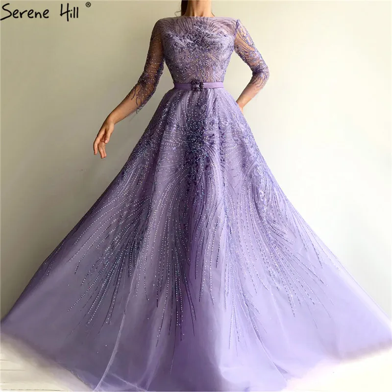 

Purple O-Neck Crystal Sashes A-Line Evening Dresses 2019 Long Sleeves Sexy Tulle Evening Gowns Long Serene Hill LA70138