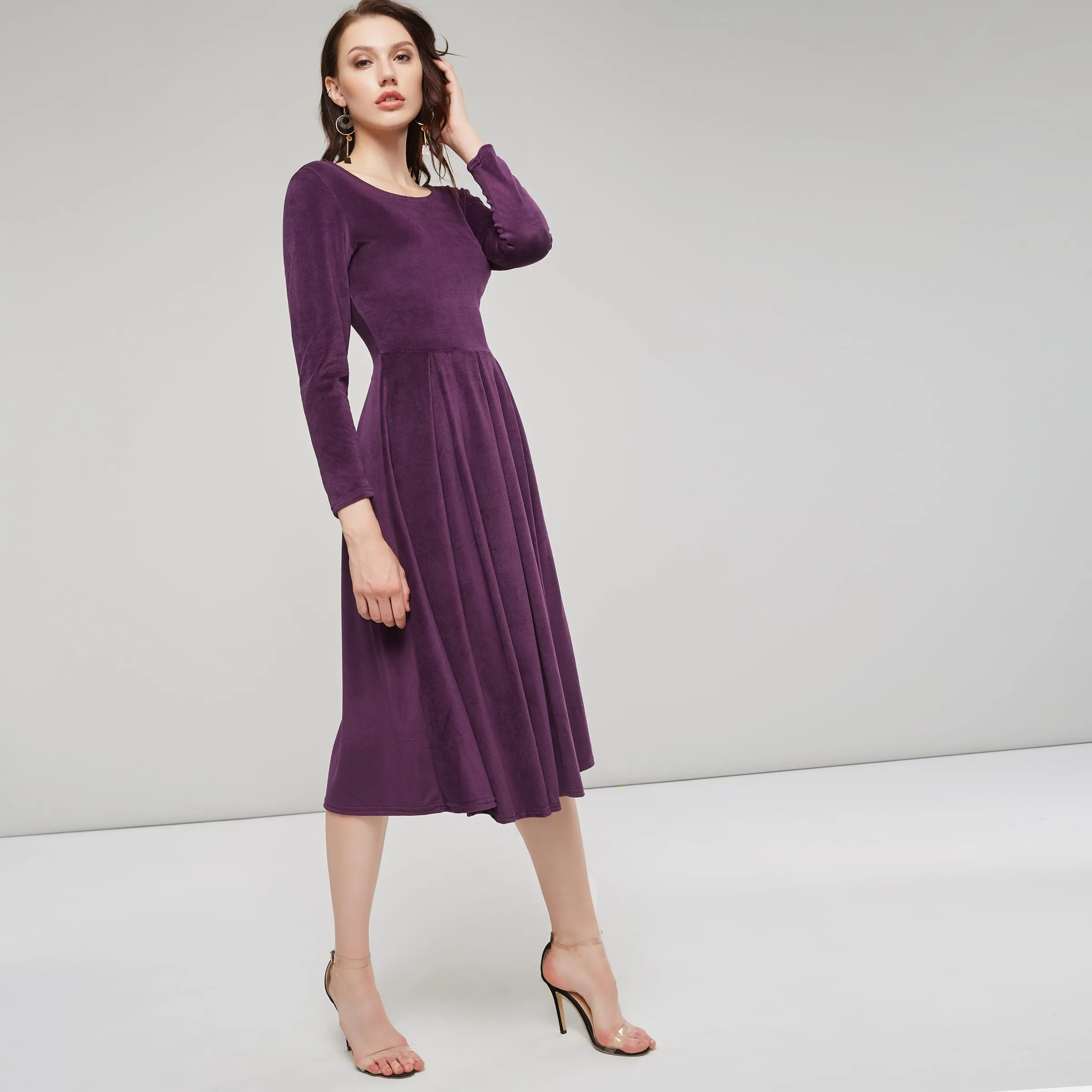 Vintage Dress Elegant Women High Quality Autumn Winter Velvet Warm Stylish Simple Party Retro