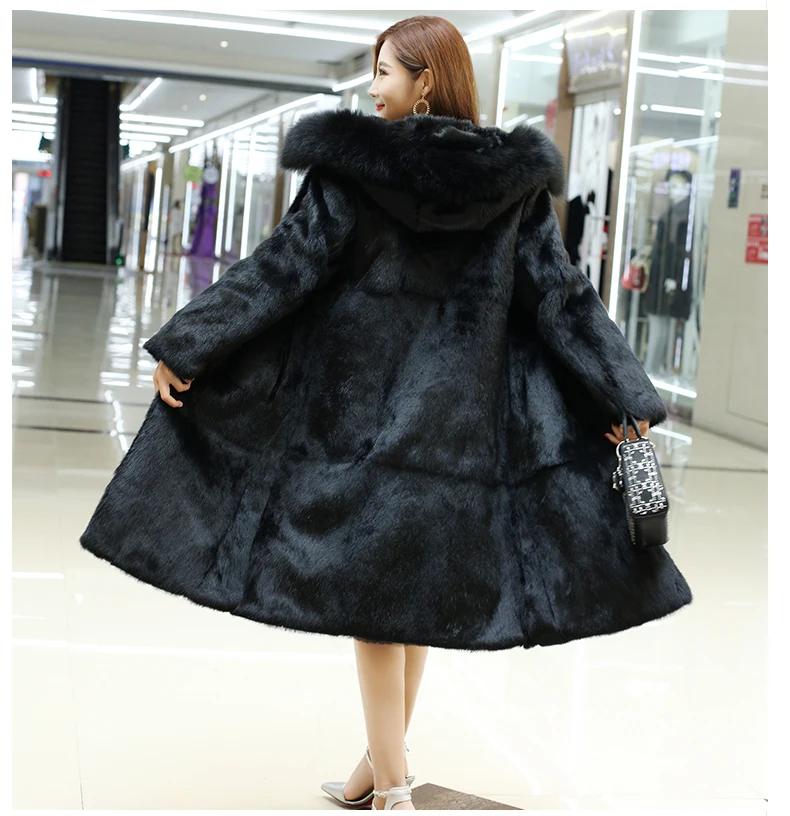 Women Hooded Full Pelt Rabbit Fur Long Coat With Fur Hood and Natural Fox Fur Collar Luxury Big Size Fur Outwear ksr323