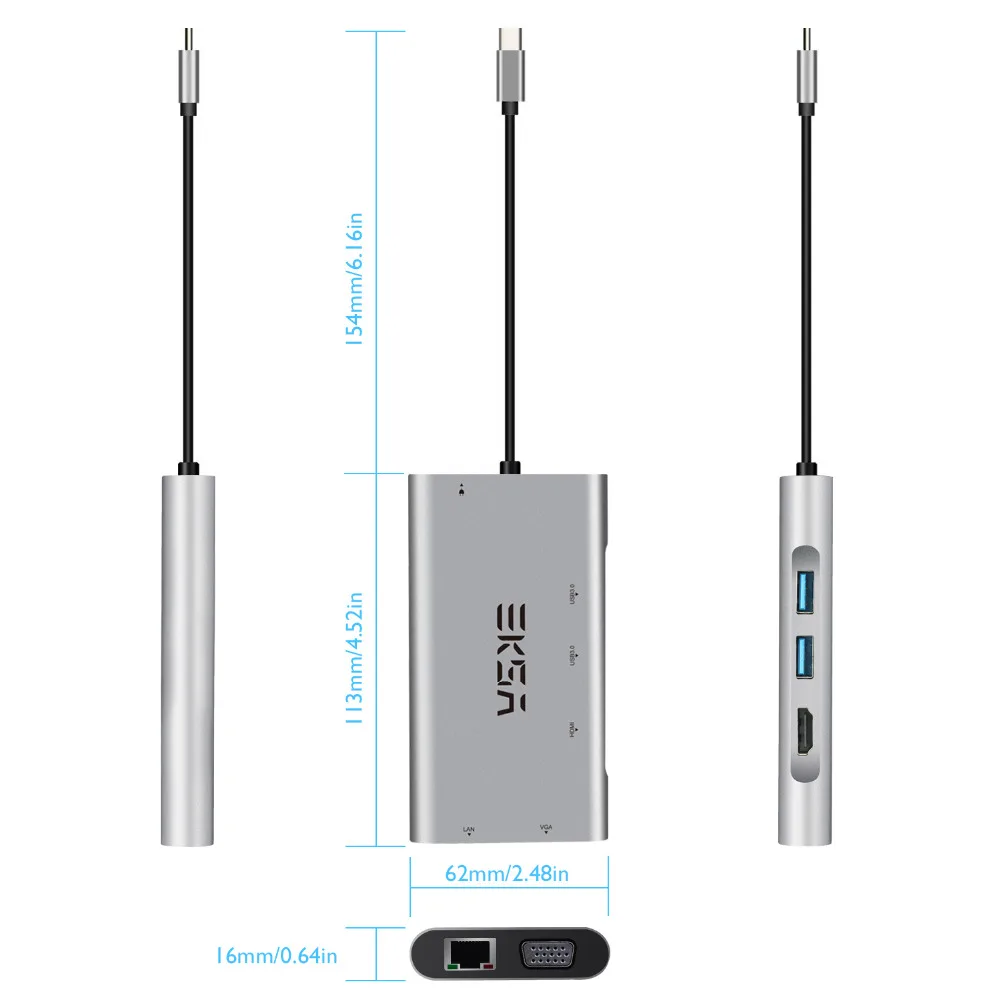 EKSA концентратор USB Type C к HDMI/RJ45 Gigabit Ethernet/VGA/кард-ридер/Thunderbolt 3 адаптер для Macbook huawei P20 Pro USB 3,0 концентратор