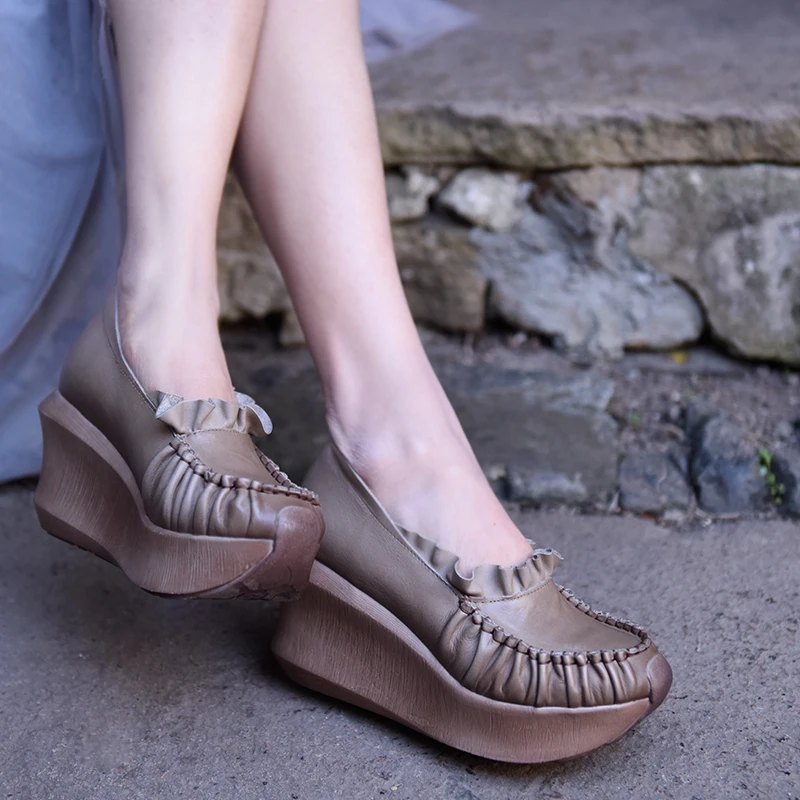 Cuir À Artmu Main Plate Véritable Rétro Talons Épaisse forme wine Volants La Femmes En 65 Red 936 Semelle Hauts D'origine Pour Pompes Chaussures Khaki Coins qaPq6Anxz