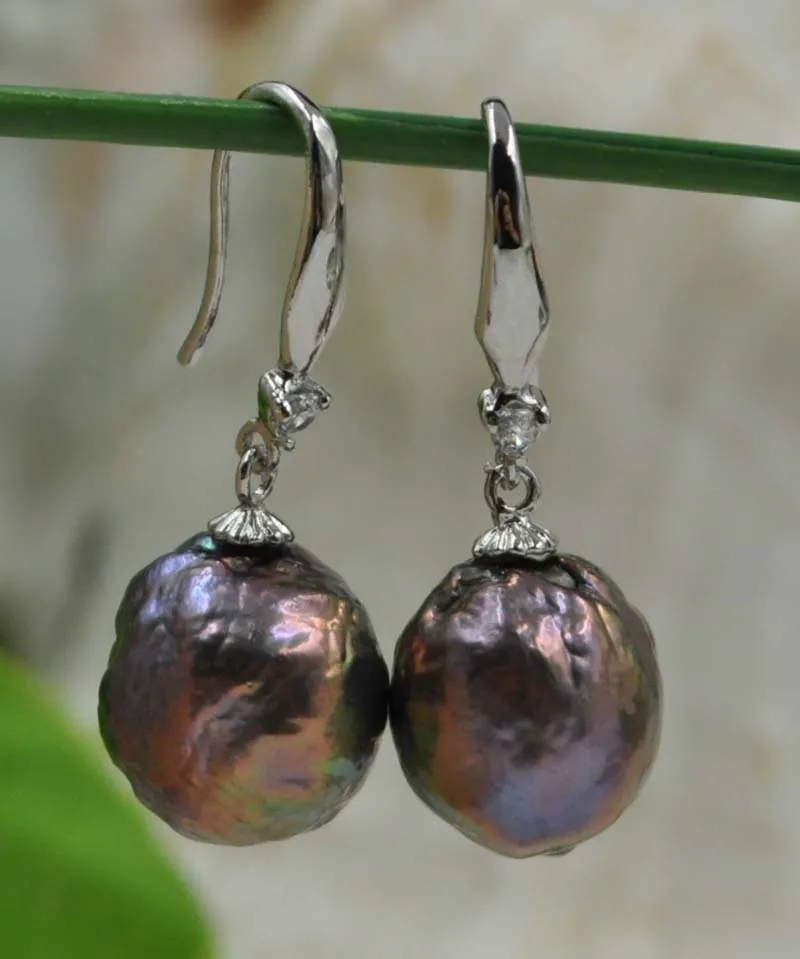 

Genuine 11-12mm Baroque drop black Kasumi Pearl earring free shipping