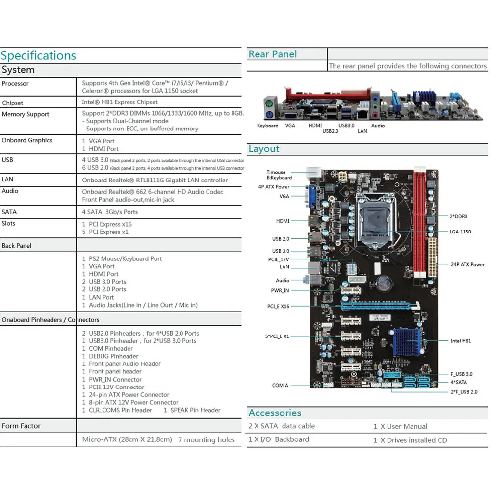 

6 GPU H81 Mining Motherboard PCI-E Extender Riser Card For BTC Eth Rig Ethereum HSJ-19