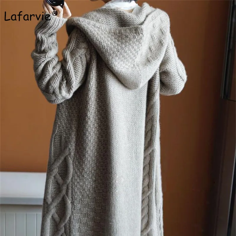 Lafarvie Thick Cashmere Blended Knitted Sweater Cardigan Women Coat Autumn Winter Hooded Collar Plaid Long Coat Knitting Outwear