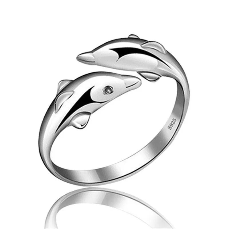 

New Popular Exquisite Cute Animal 925 Sterling Silver Fashion Jewelry Creative Double Dolphin Fish Female Opening Rings R289