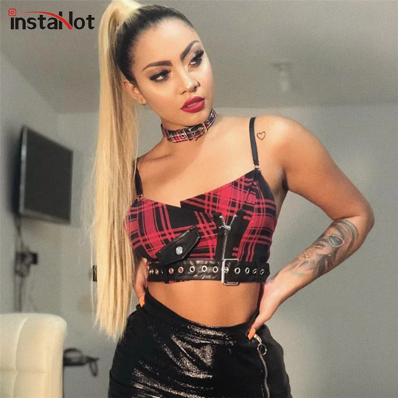 

InstaHot Plaid Cotton Sashes Zip Strap Crop Women Sexy Black Buckle Adjustable Sleeveless V Neck Paneled Tank Clothes Fashion