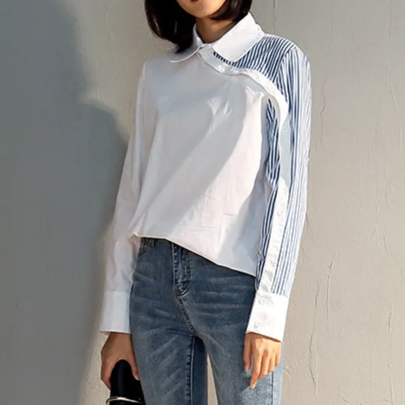 LANMREM Fashion Spliced Stripe Turn-down Collar Full Sleeve Blouse Personality Asymmetrical summer Women Shirt Clothes BC845