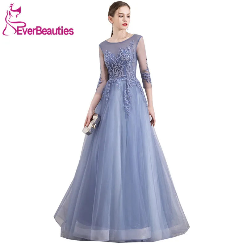 

Elegant Evening Dress Long Sleeve Abiye Gece Elbisesi Tulle Appliques Evening Gowns Robe De Soiree Abendkleider 2019