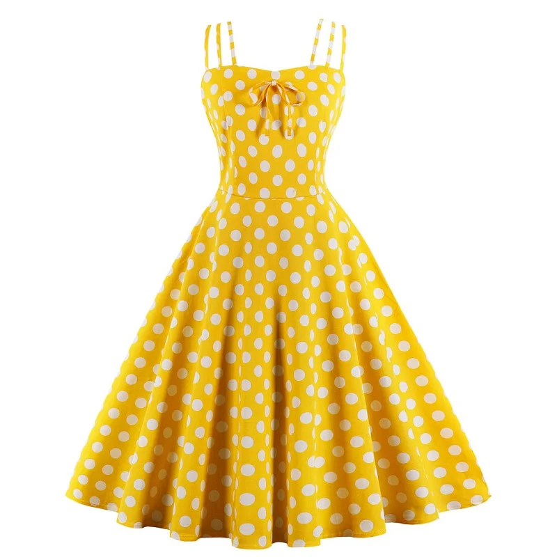 

Yellow robe pin up sukienka Women retro 50s 60s sleeveless polka dot print bow swing cami dress frocks Robe vintage rockabilly