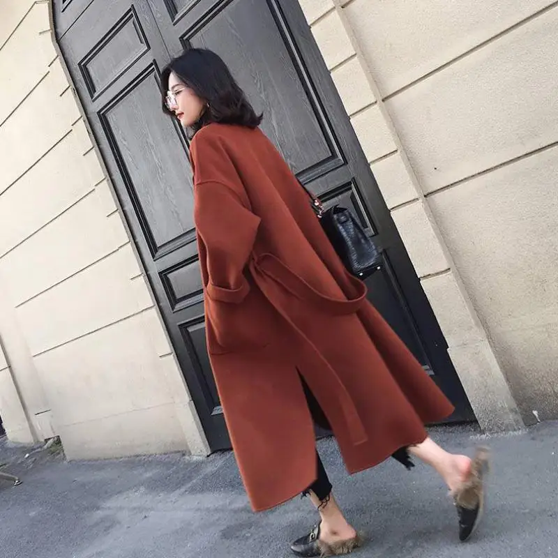 

Warm Woolen Coat Female Wool Jacket Coats Women Loose warm With Belt Lantern Sleeves Ladies wear elegant Overcoat Long coats 3XL