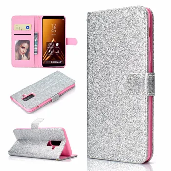 

20pcs/lot Magnets Glitter Hanging rope 2 card leather new cover case for Samsung Galaxy A6 A6 plus A8 A7 A9 2018 cases cover