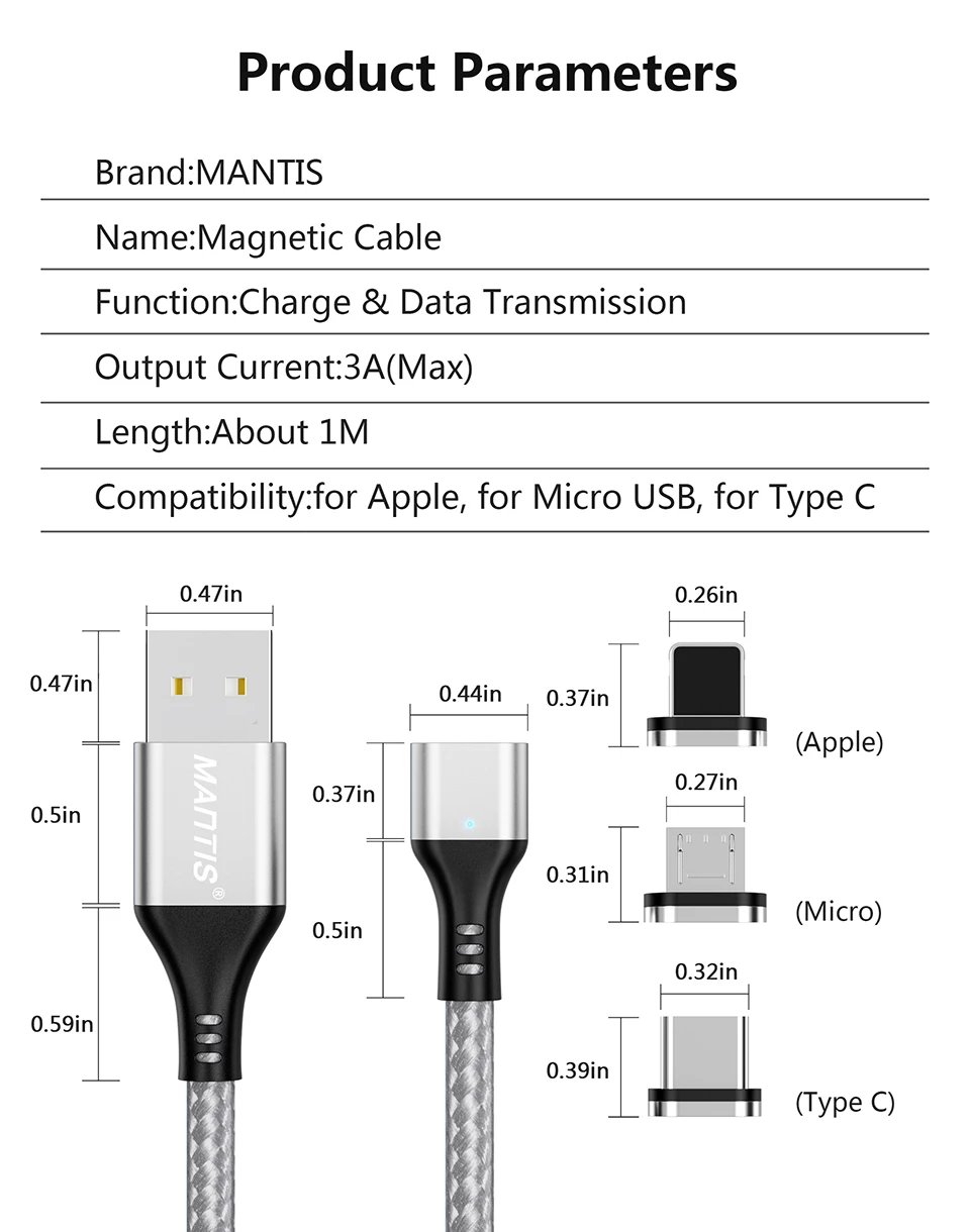 Магнитный кабель MANTIS 3A Micro usb type-C для iPhone, samsung, Xiaomi, 3 в 1, кабель для быстрой зарядки и передачи данных для мобильных телефонов