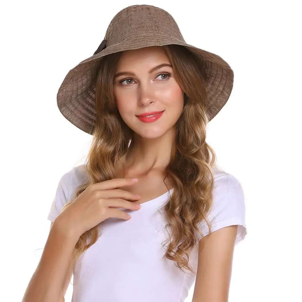 Women Fashion Summer Spring Foldable Stripe Bow Tie Round Wide Sun Hats
