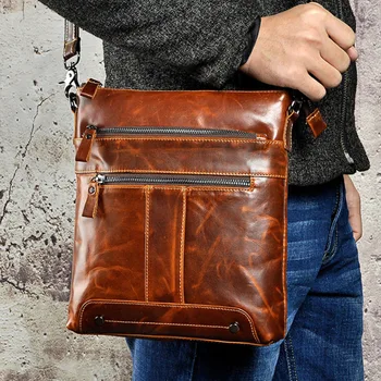 

Men Oil Wax Genuine Leather Crossbody Bag High Quality Business Casual Crossbody Shoulder Bag Travel Genuine leather Men Ba