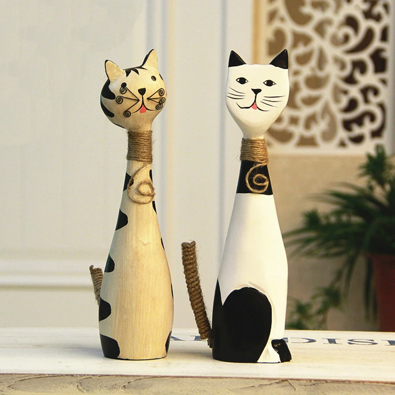 2PCS/SET Wood Cute Couples Cat Figurine Crafts Animal Furnishing