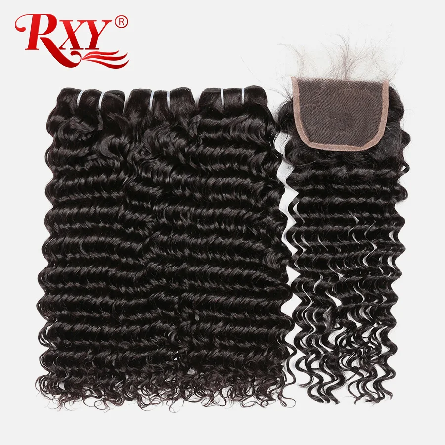 Brazilian Deep Wave Bundles With Closure 3 Bundles Human Hair Weave Bundles With Closure RXY 4x4 Lace Closure Remy Hair 4PcsLot (1)