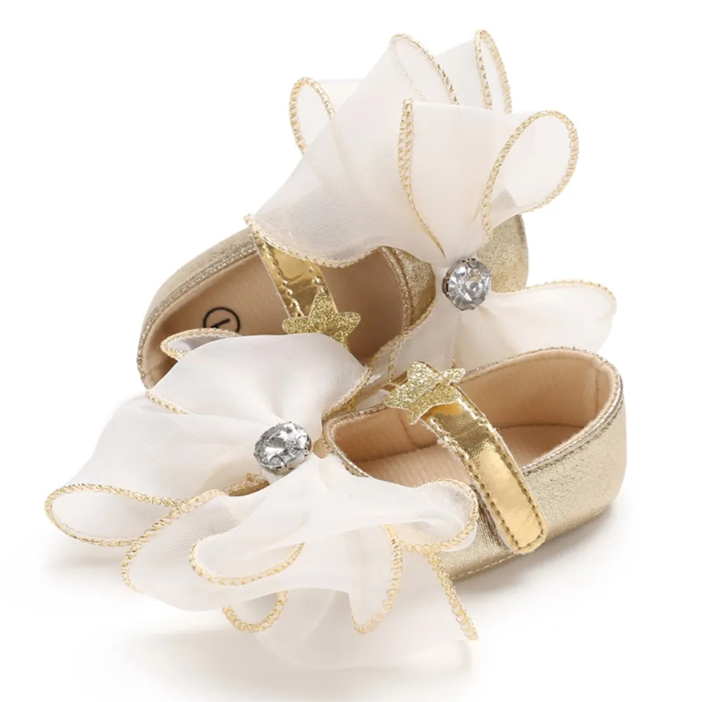 Фирменная Новинка для новорожденных девочек Повседневное детская обувь цветочные бантом кожа шифон с большим цветком мягкая подошва детская обувь 0- 18 м - Цвет: Gold Bow