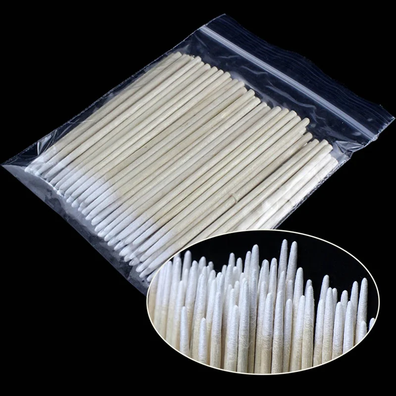 100PCS Short Wood Handle Small Pointed Tip Head Cotton Swab Eyebrow