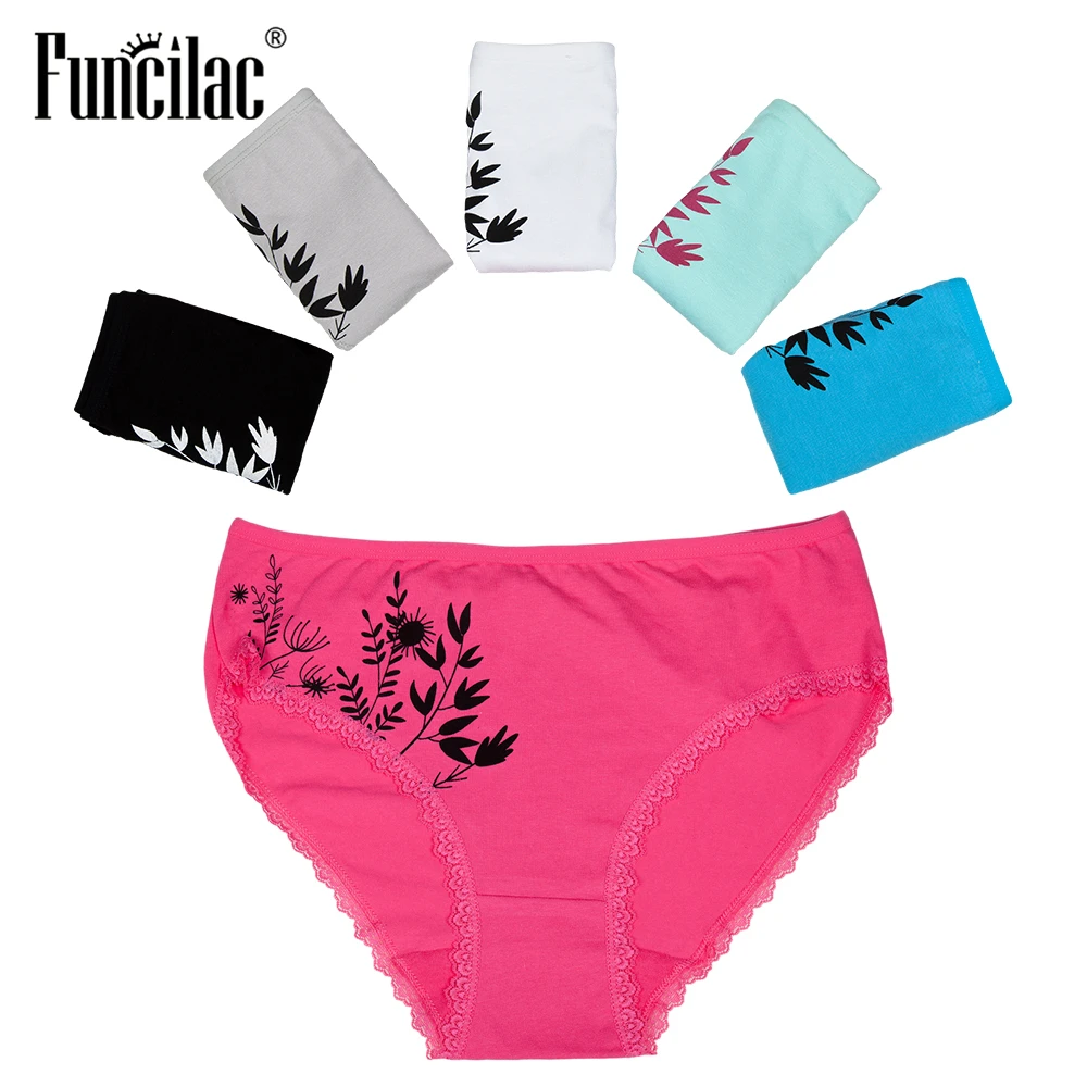 

FUNCILAC Plus Size Underwear Women Sexy Lace Briefs Print Panties Cotton Crotch Mid-Rise Good Quality Lingerie 2XL-4XL 5 Pcs/lot