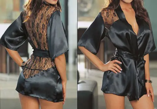 

new Sexy Lingerie Satin Lace Black Kimono Intimate Sleepwear Robe Night Gown