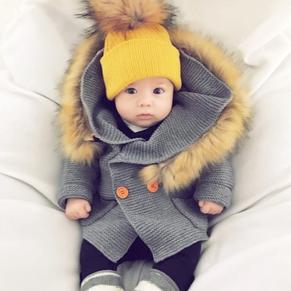 Winter Warm Newborn Baby coat Fur Hood Detachable Grey Infant Boys Girl Knitted Cardigan Fall Outwear Children Knitwear sweater