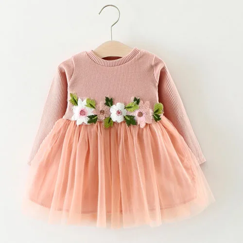 Платье для маленьких девочек коллекция года, милое красивое платье для маленьких девочек кружевное платье с длинными рукавами и цветочным рисунком праздничное платье принцессы из тюля для выпускного вечера - Цвет: PINK
