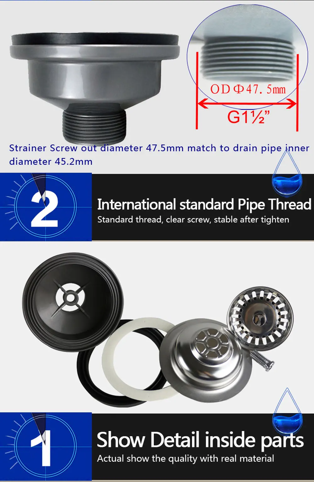 aço inoxidável, 110 114mm, conjunto de drenagem
