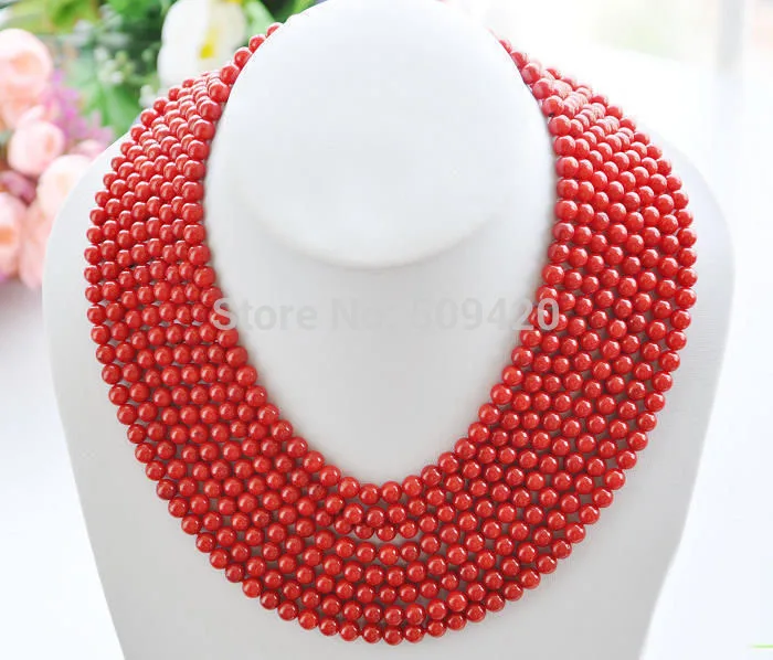 

Wholesale>>Real 8row 16"~22" 6MM round red coral bead necklace