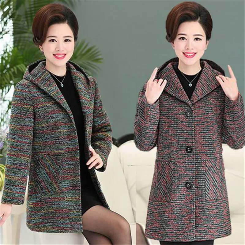 Осеннее зимнее женское пальто новая мода с капюшоном размера плюс средней длины пальто среднего возраста и старого высокого класса шерстяная ткань парка Q714