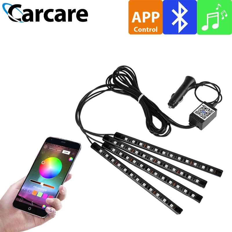 Comprar 4 piezas Interior coche RGB aplicación Bluetooth Control remoto luz música Control de voz Auto LED iluminación tira LED luz LED RGB LEDS cinta