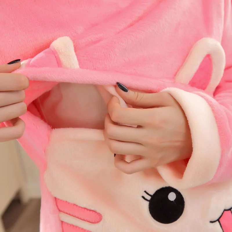 Уплотненная фланель для грудного вскармливания одежда весна осень теплые пижамы для беременных женщин наборы розовая пижама с котами